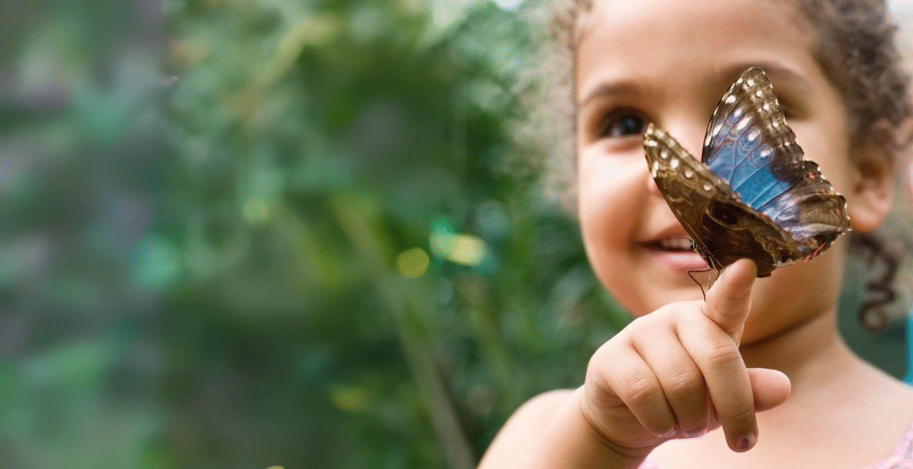 A young child smiles while a blue butterfly perches on their finger.