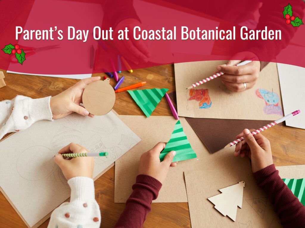 Parent's Day out at Coastal Botanical Garden. Children making holiday crafts with colorful paper and crayons.